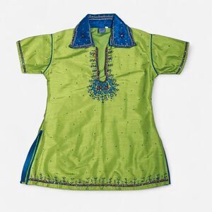 Deepa Lime Green Silk Kurta Tunic with Embroidered Blue Jeweled Floral Collar S
